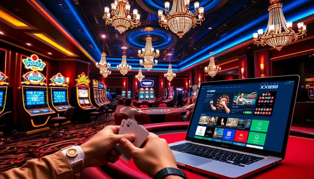 Players enjoying a vibrant casino atmosphere at XX88 with poker tables and slot machines.