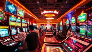 Exciting online gaming scene at da88 casino with diverse players enjoying slots and poker tables.