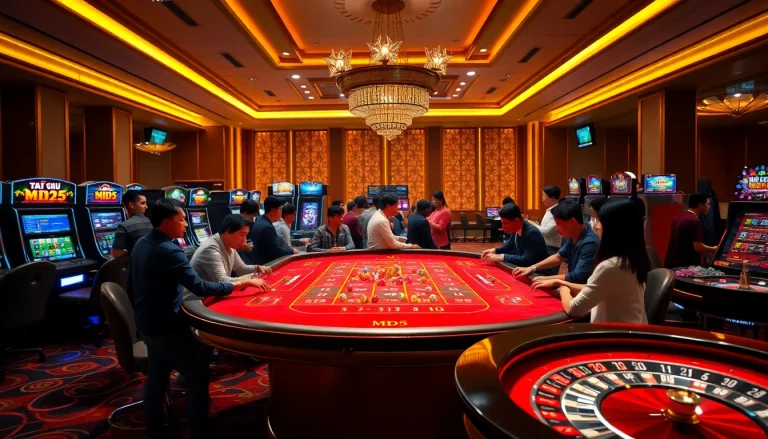 Tài xỉu md5 game table with players engaging in bets and enjoying a lively casino atmosphere.