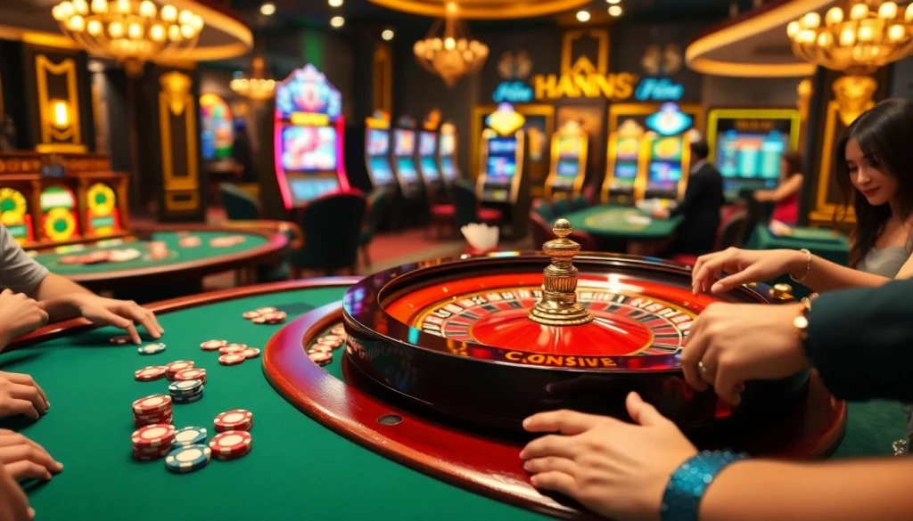 Players enjoying thrilling games at hay88.deal casino, featuring roulette and poker tables.