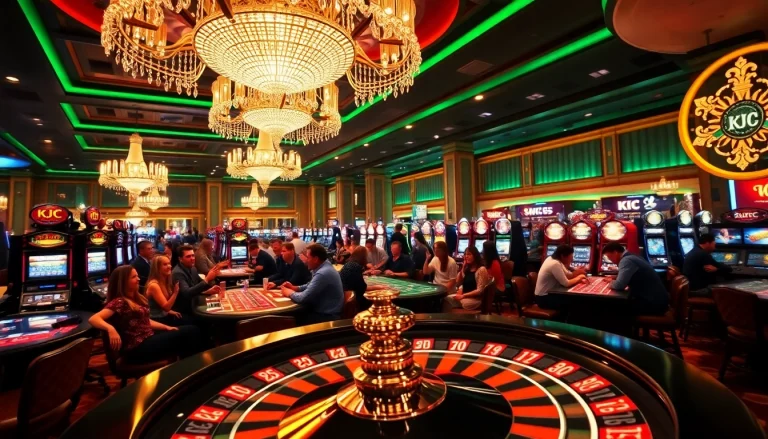 Experience high-stakes gaming at KJC's luxurious casino, featuring vibrant tables and excited players.