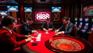 Hi88 casino scene showcasing players at a poker table amidst vibrant gaming action.