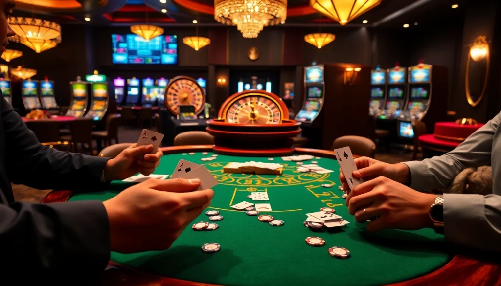Players enjoying blackjack at a luxurious okfun casino with vibrant slot machines and roulette.
