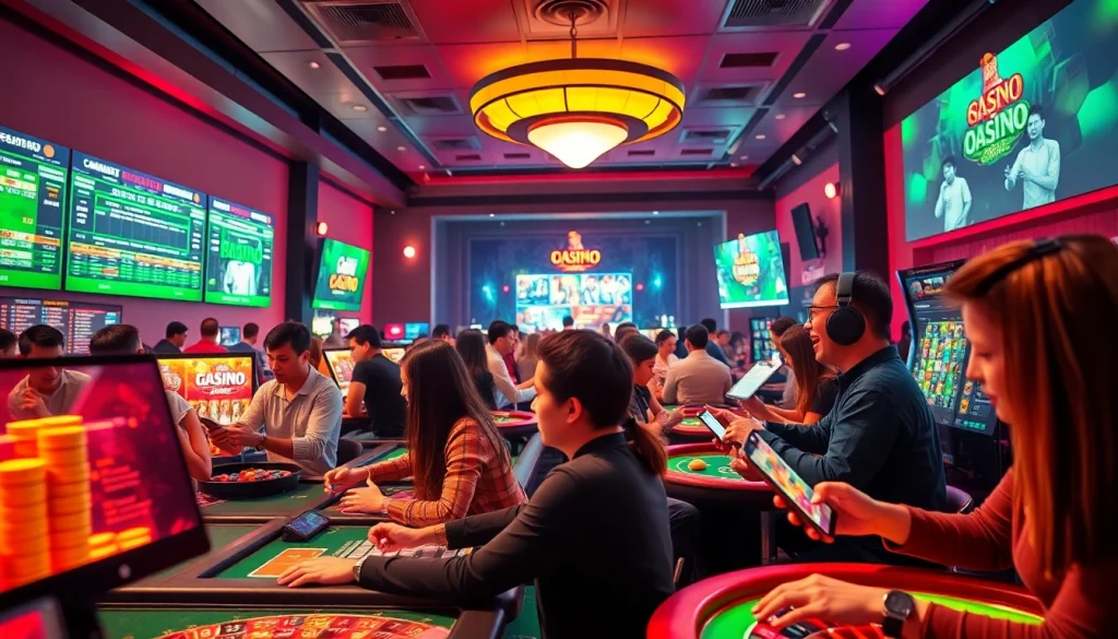 Engaging gambling scene at stimmgewitter.org, featuring diverse players enjoying various games in a vibrant online environment.