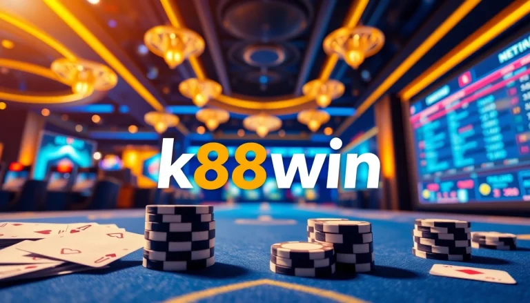 Experience the vibrant casino atmosphere with k88win, showcasing poker chips and betting screens.