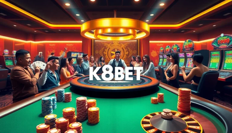 K8BET poker table with colorful chips, exciting gameplay, and a luxurious casino atmosphere