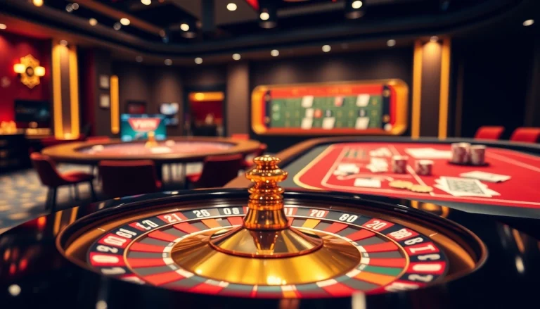 Experience thrilling gambling action at VWIN with a vibrant casino scene featuring cards, dice, and roulette.