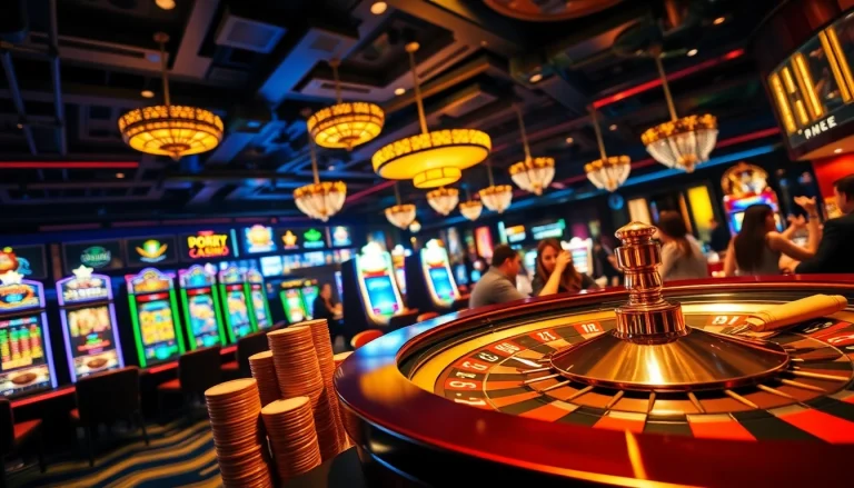 Exciting casino scene featuring games and betting at https://uu88.gl/ with vibrant lights and lively atmosphere.