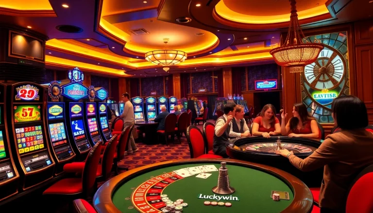 Excited players enjoying games at Luckywin casino with vibrant slot machines and poker chips.