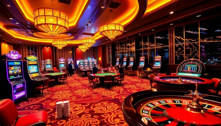 Experience the thrill of BJ888 as players engage in intense casino action with vibrant tables and slot machines.