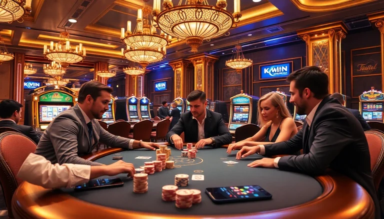 Kwin players intensively strategizing at casino poker table, showcasing thrilling gaming experience.