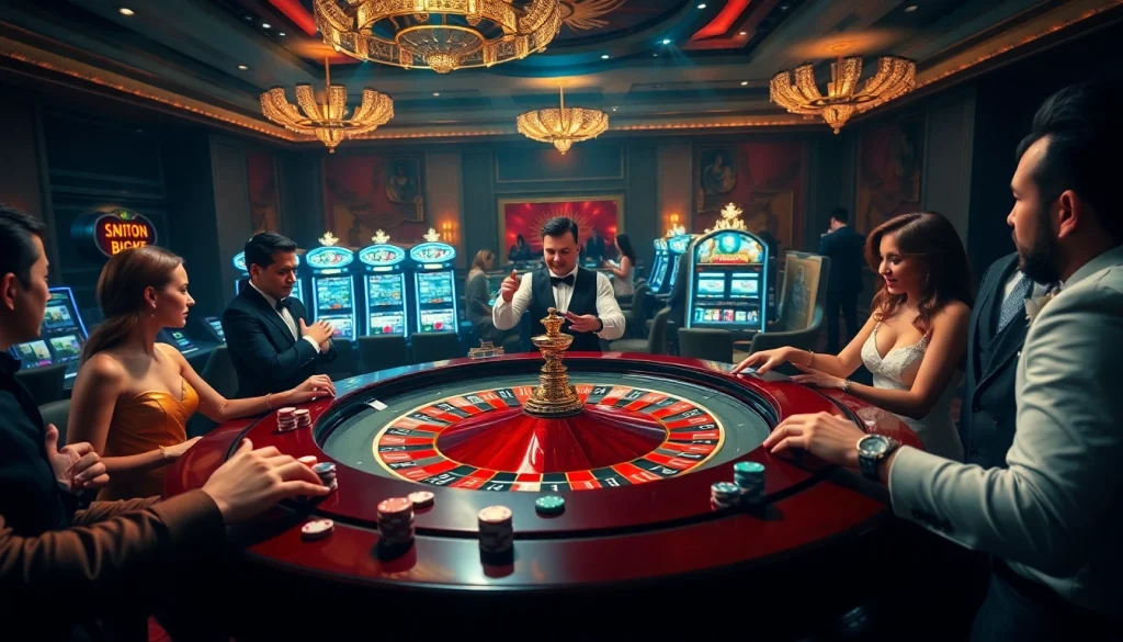 Engage in thrilling bets at a luxurious casino with ku3933-themed roulette and vibrant slot machines.