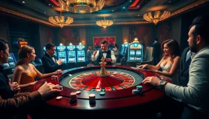 Engage in thrilling bets at a luxurious casino with ku3933-themed roulette and vibrant slot machines.