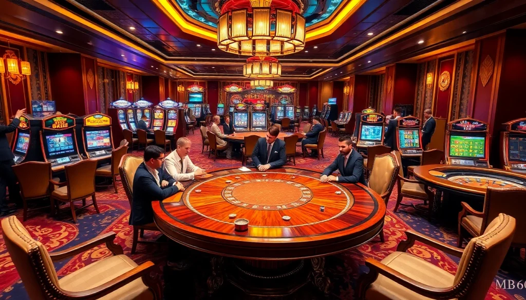 Players enjoy a thrilling poker game at https://mb66-th.com/ with vibrant slot machines in the backdrop.