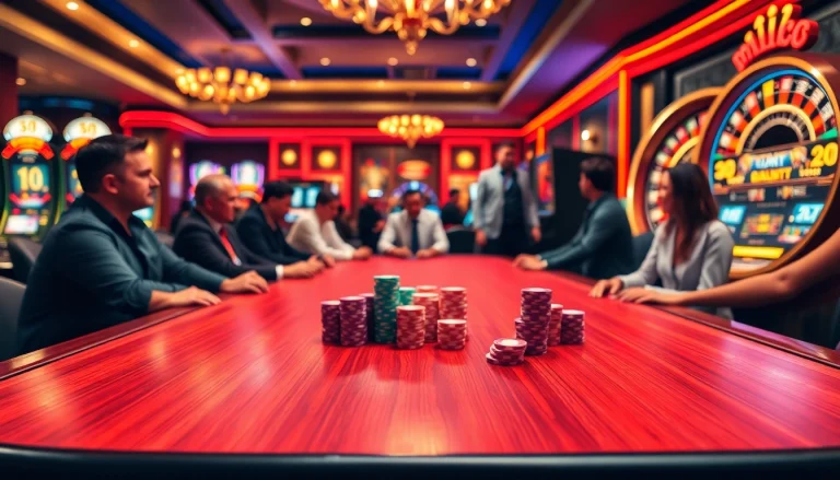 Experience the excitement of mb66 at a luxurious casino, with vibrant poker tables and spinning roulette wheels.