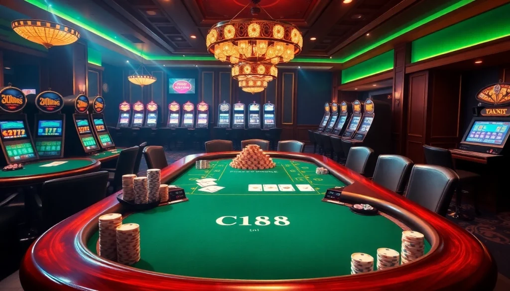 C168 casino scene featuring poker action and vibrant slot machines.