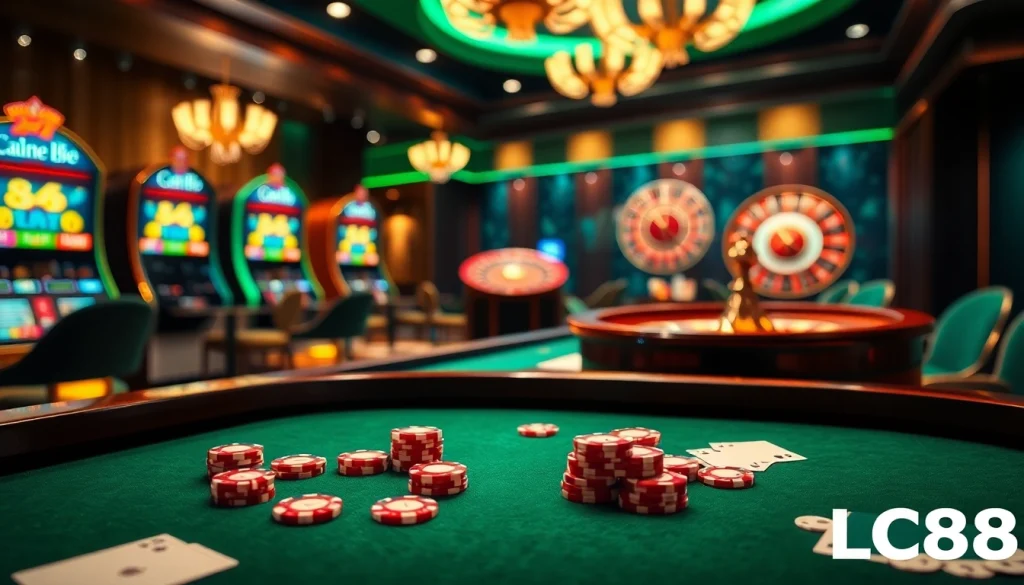 Experience thrilling gameplay with LC88's luxurious casino ambiance featuring live dealer tables and vibrant poker chips.