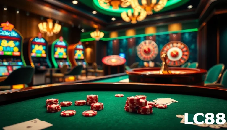 Experience thrilling gameplay with LC88's luxurious casino ambiance featuring live dealer tables and vibrant poker chips.