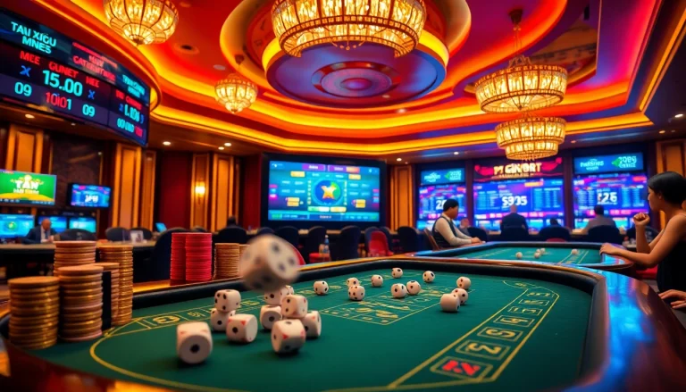 Tài Xỉu MD5 betting action at a vibrant casino table with dice and poker chips.
