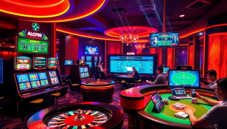 A lively gambling setting showcasing ALO789's engaging online interface with interactive games and betting displays.