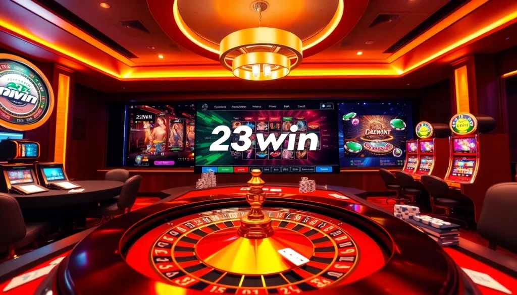Experience the thrill of 23win with a lively casino scene featuring roulette and poker.