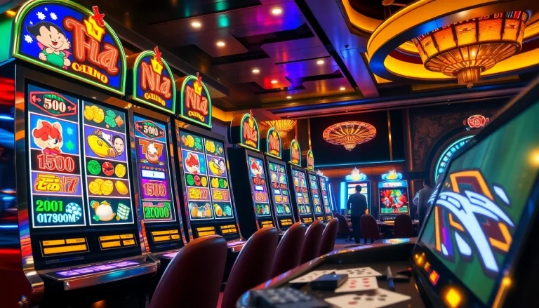 Experience nổ hũ excitement with vibrant slot machines in a luxurious casino setting.