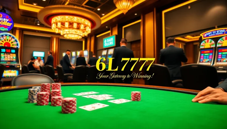 6L777 casino with luxurious poker table, vibrant roulette wheel, and high-end slot machines.