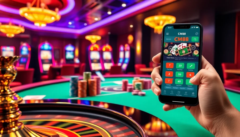Experience the thrill of CM88 gambling with vibrant casino elements like slots and poker chips.