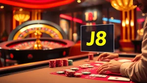 Engage in thrilling poker at the luxurious J8 casino table, showcasing vibrant chips and exciting gameplay.