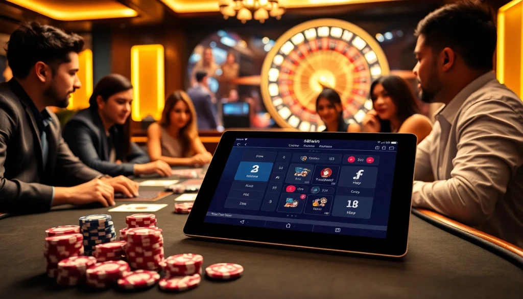 A high-energy casino scene showcasing players at a poker table and the online gaming interface of 58win.