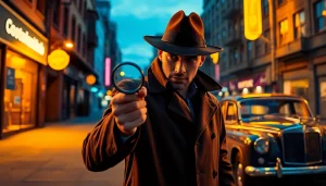 Private detective examining evidence in an urban setting at dusk under moody lighting.