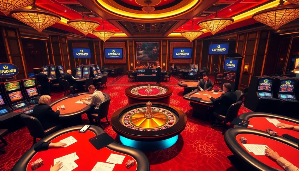 The thrilling atmosphere of online gambling at https://jun88pl.com/ showcases poker tables and slot machines.