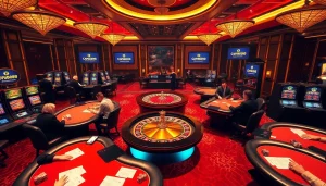 The thrilling atmosphere of online gambling at https://jun88pl.com/ showcases poker tables and slot machines.
