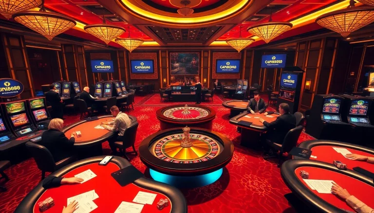 The thrilling atmosphere of online gambling at https://jun88pl.com/ showcases poker tables and slot machines.