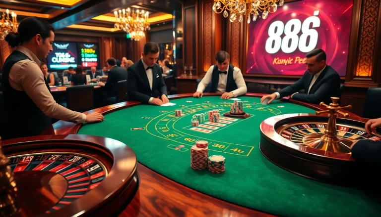 Players engaging in an exciting blackjack game at a casino featuring 88i branding on promotional materials.