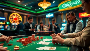 Luckywin gaming table with players and professional dealers in a vibrant casino scene.