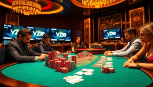 Experience thrilling gameplay at vz99 with a high-stakes poker game featuring vibrant chips and intense atmosphere.