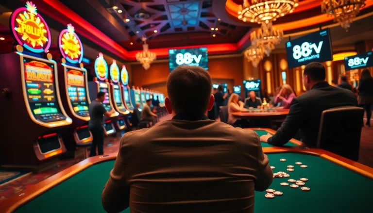 Engaging gamblers at 88vv.marketing casino slots and poker tables in a vibrant, luxurious setting.