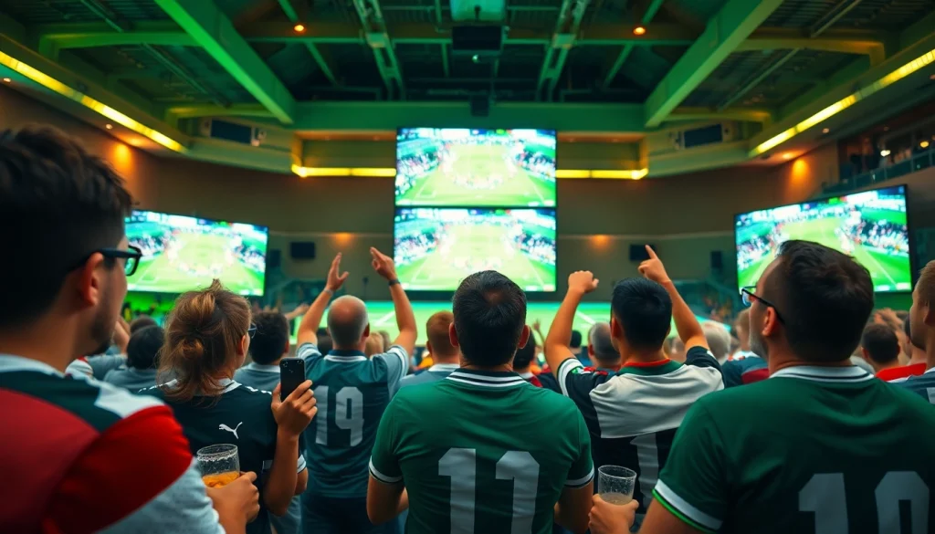 Exciting football fans enjoying live matches through https://vaoluoitv.it.com in vivid, engaging scene.