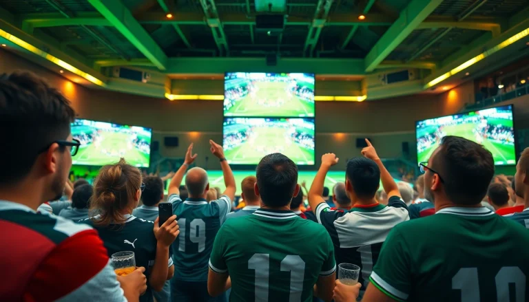 Exciting football fans enjoying live matches through https://vaoluoitv.it.com in vivid, engaging scene.