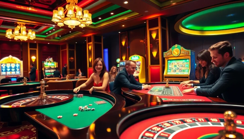 CM88 players engaged in thrilling casino games with vibrant tables and luxurious ambiance.