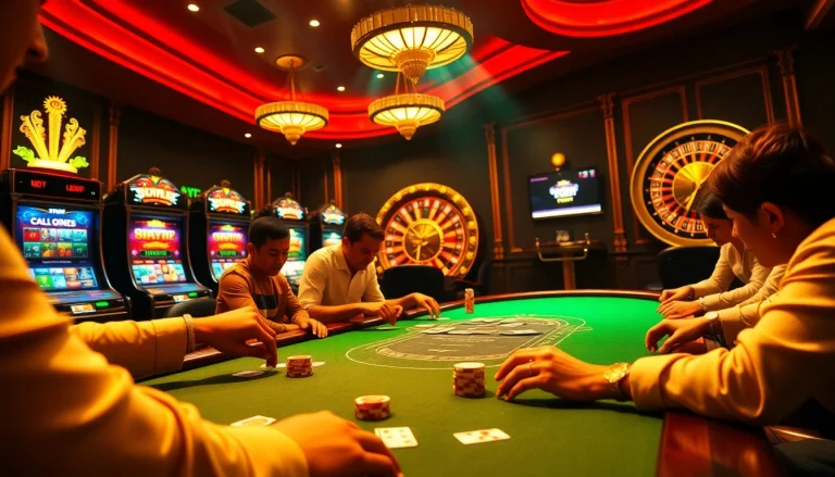 High-stakes poker action at a luxurious casino with lc88 themed elements.