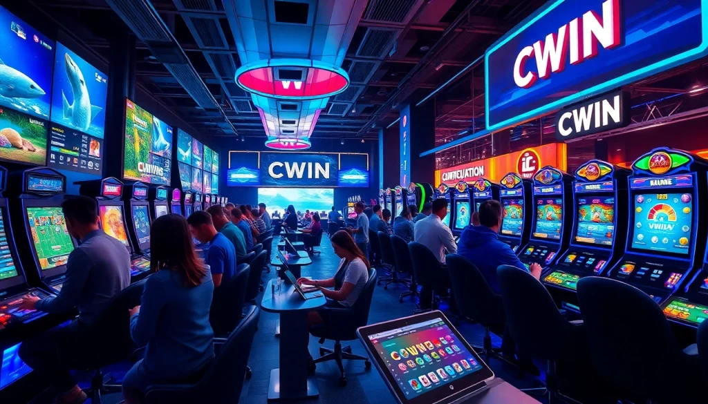 CWIN online gaming platform with players engaged in diverse games, showcasing excitement.