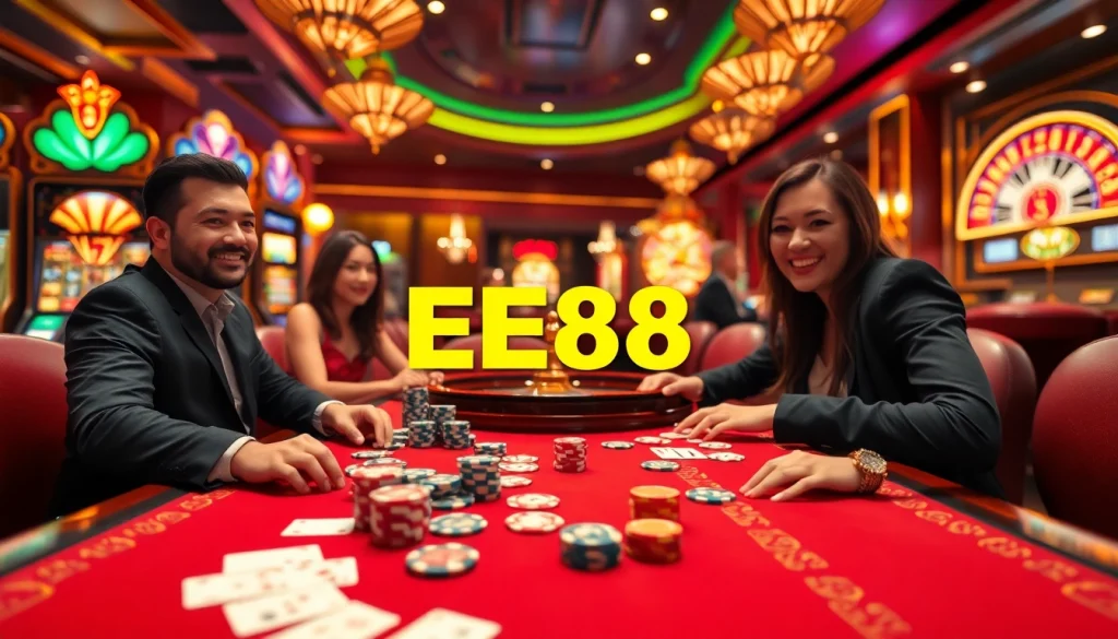 Experience thrilling gameplay at EE88's luxurious casino tables with vibrant poker chips and cards.