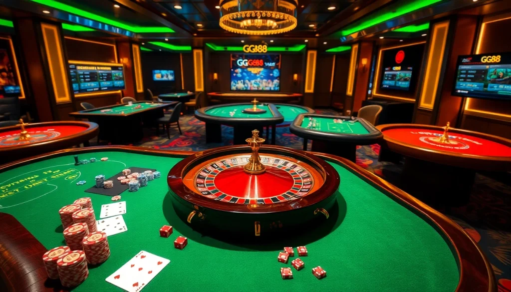 Engage with the luxurious GG88 casino experience featuring vibrant gaming tables and roulette.