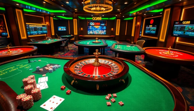 Engage with the luxurious GG88 casino experience featuring vibrant gaming tables and roulette.