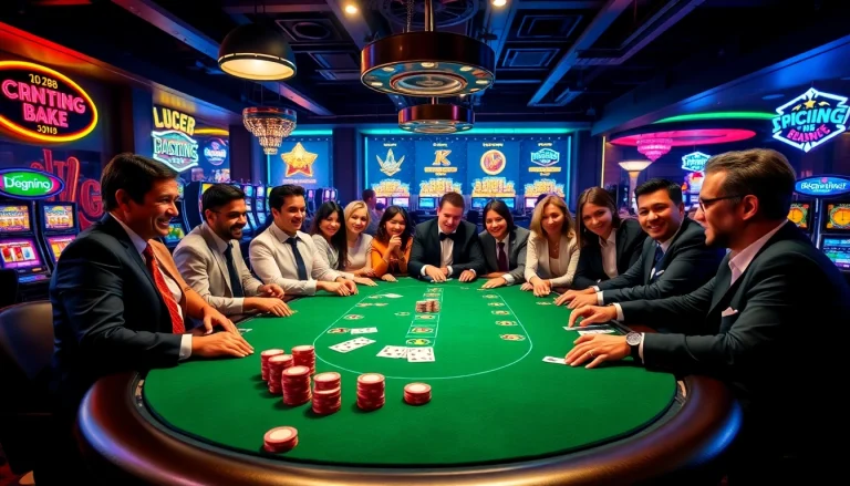 Players engaging in a thrilling game at a luxurious lc88 poker table surrounded by bright casino lights.