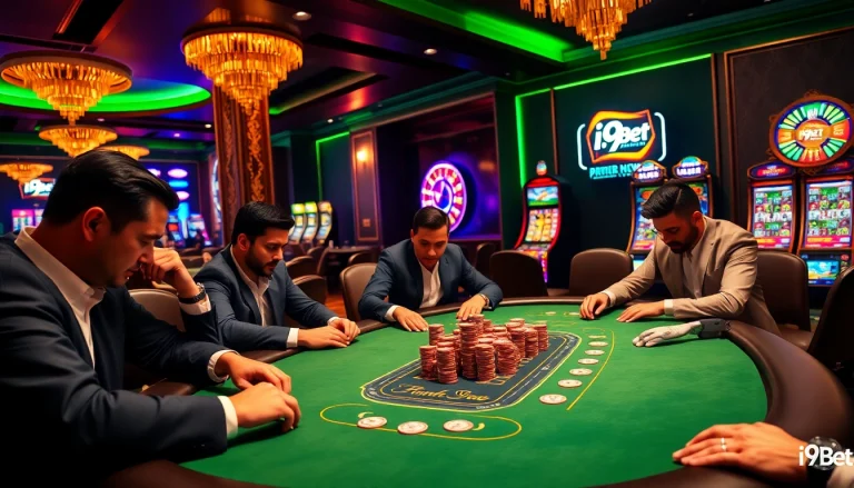 I9BET players at a luxurious poker table enjoying high-stakes gambling in a premier casino.