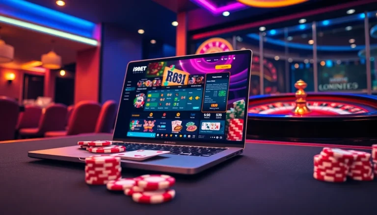 Experience the excitement of i9bet with vibrant casino visuals featuring poker chips and a roulette wheel.