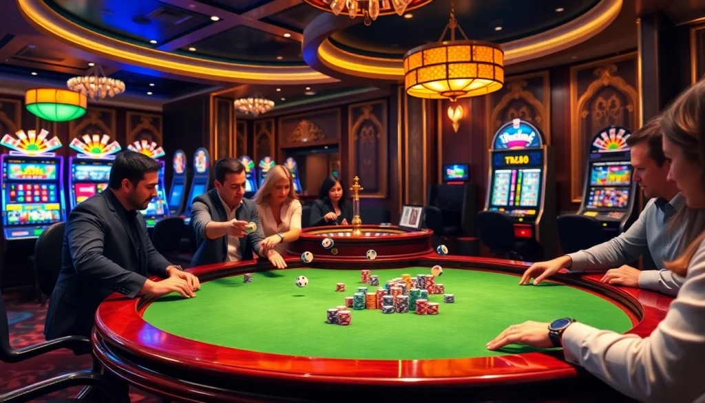Players engaging in high-stakes poker with vibrant chips at the tr88 casino, showcasing thrilling gaming atmosphere.